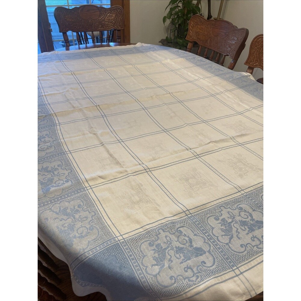 Vtg Blue & White Reversible Woven Tablecloth Cherub Pattern 66”x52” MCM READ